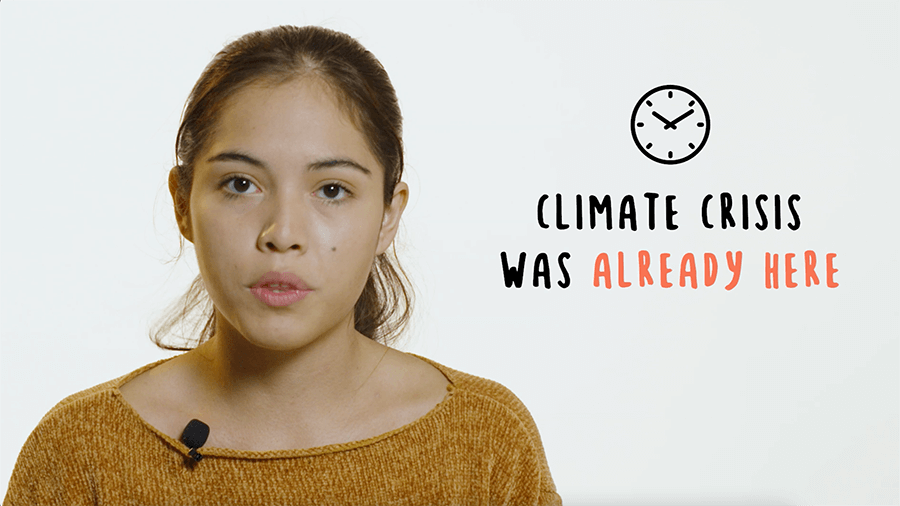 text: climate crisis was already here, environmental activist Xiye Bastida on the left, typography and clock illustration on the right